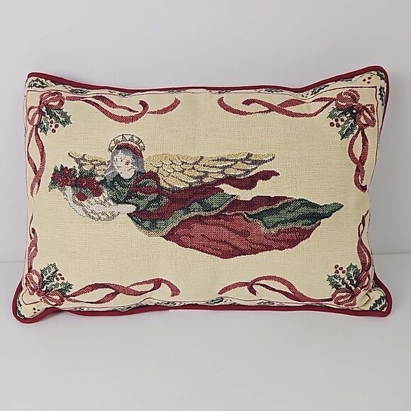Vtg Riverdale Angel Tapestry Throw Pillow Christmas Holiday Made in USA 16x11 - Picture 1 of 9